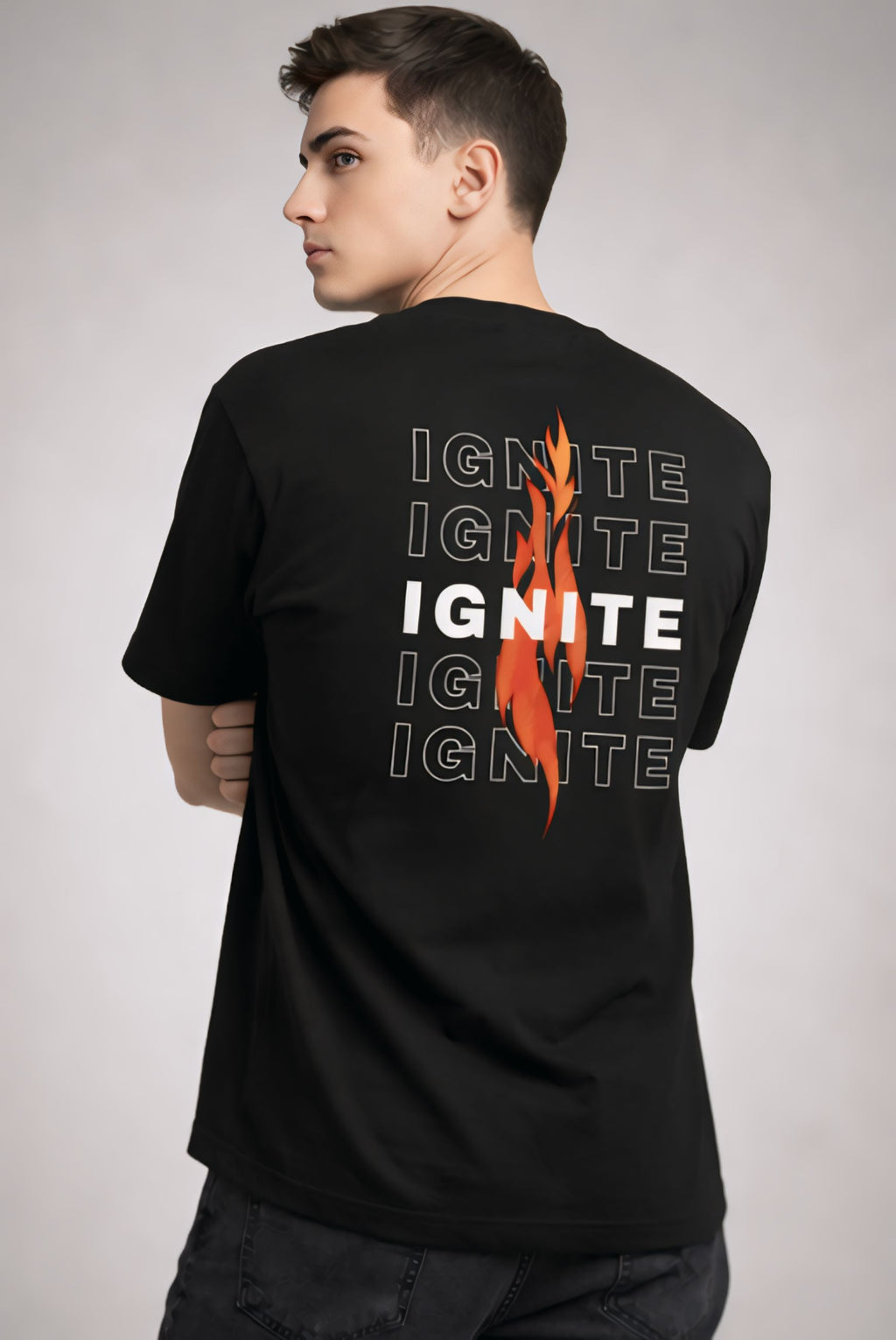 Rarelays Men’s Black IGNITE Graphic Printed Oversized T-Shirt | Back Fire Design Streetwear Cotton Tshirt