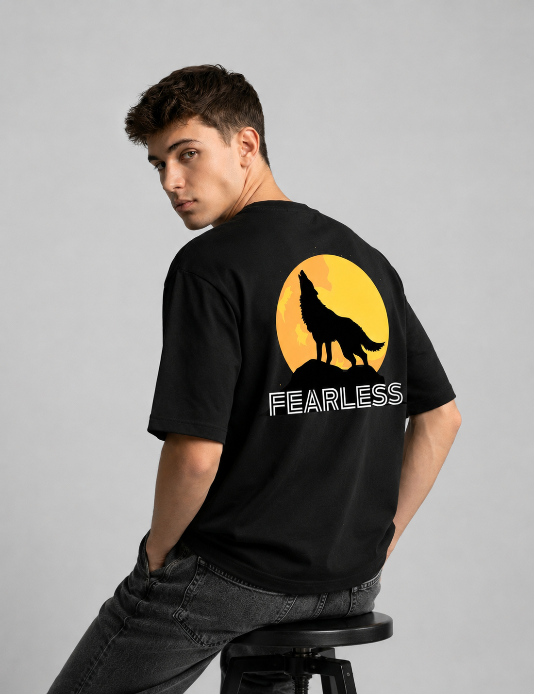 Rarelays Fearless Wolf Moon Oversized Graphic Printed Black T-Shirt for Men | Premium Streetwear Cotton Casual Tee