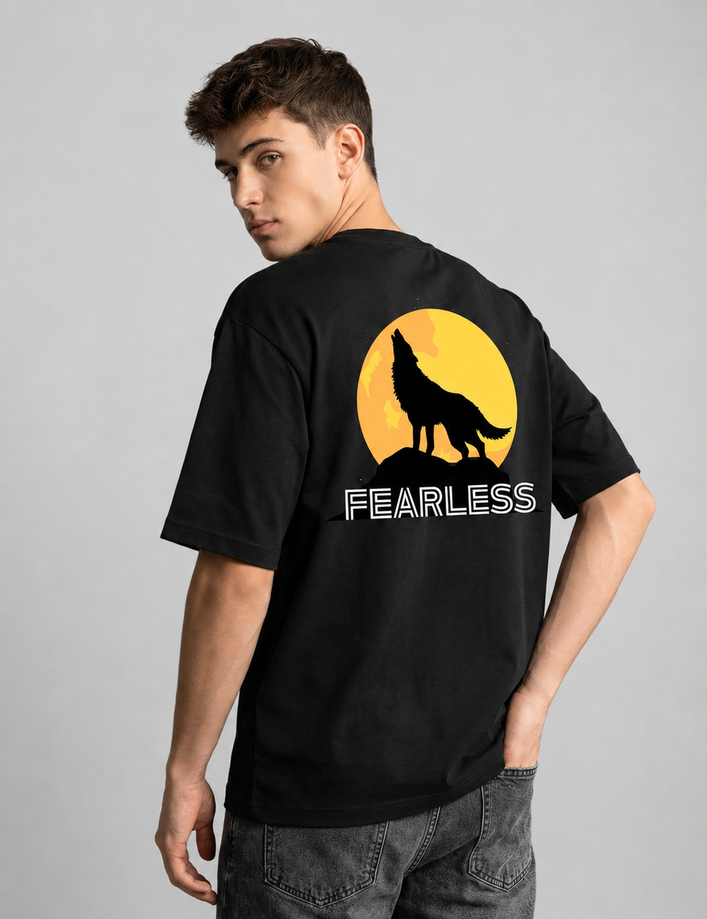 Rarelays Fearless Wolf Moon Oversized Graphic Printed Black T-Shirt for Men | Premium Streetwear Cotton Casual Tee