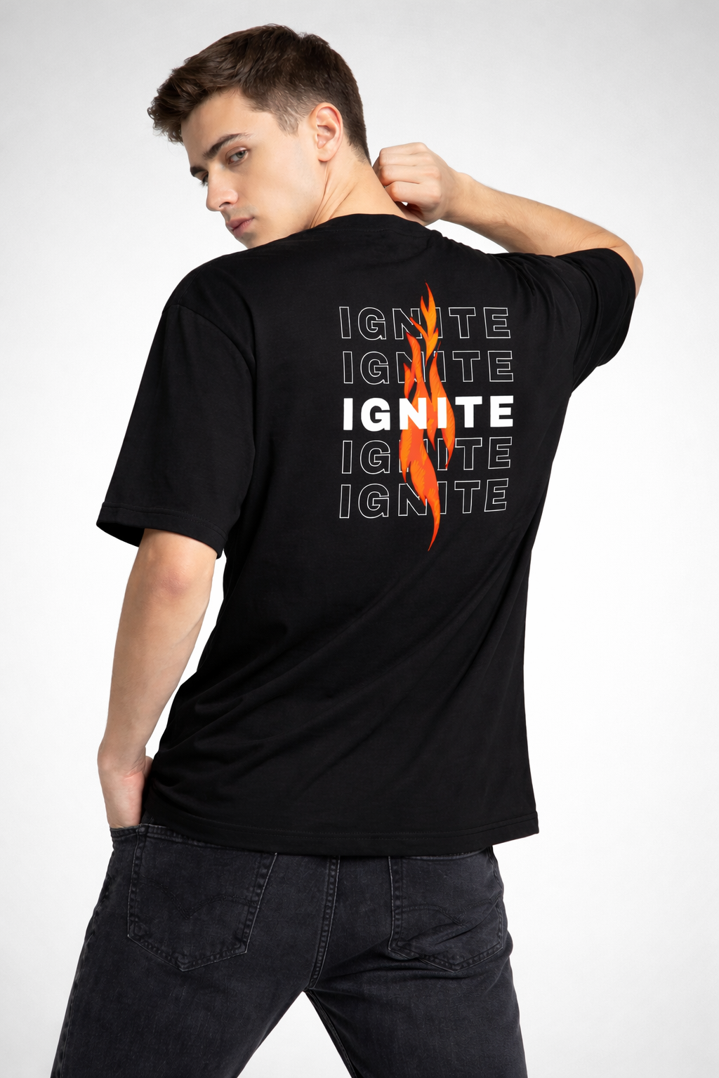 Rarelays Men’s Black IGNITE Graphic Printed Oversized T-Shirt | Back Fire Design Streetwear Cotton Tshirt