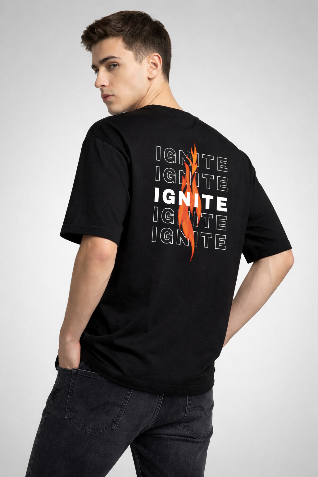 Rarelays Men’s Black IGNITE Graphic Printed Oversized T-Shirt | Back Fire Design Streetwear Cotton Tshirt