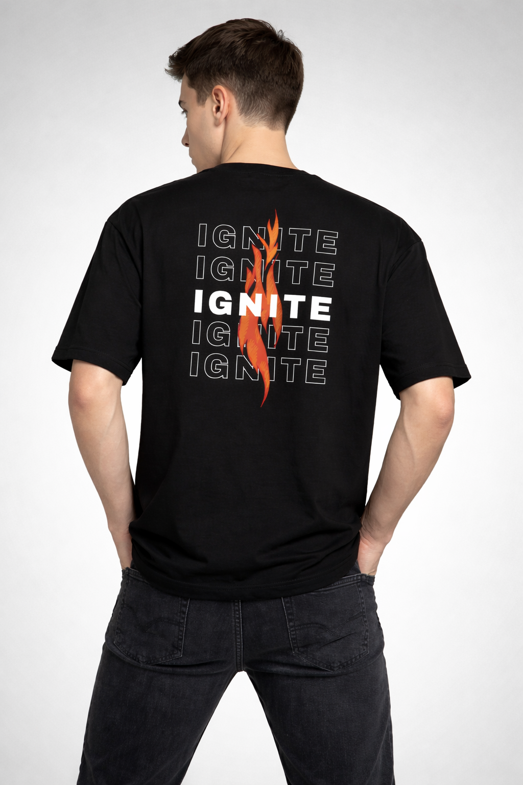 Rarelays Men’s Black IGNITE Graphic Printed Oversized T-Shirt | Back Fire Design Streetwear Cotton Tshirt