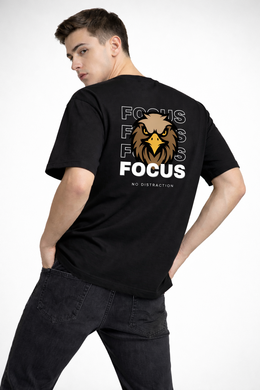 Rarelays Focus Printed Black T-Shirt for Men | Motivational Graphic Back Print | Cotton Oversized Streetwear Tee