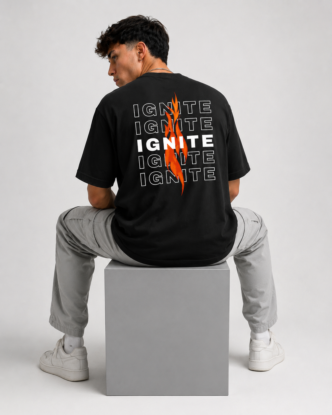 Rarelays Men’s Black IGNITE Graphic Printed Oversized T-Shirt | Back Fire Design Streetwear Cotton Tshirt