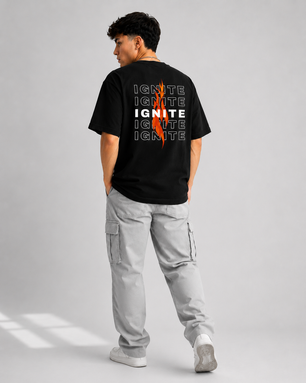 Rarelays Men’s Black IGNITE Graphic Printed Oversized T-Shirt | Back Fire Design Streetwear Cotton Tshirt