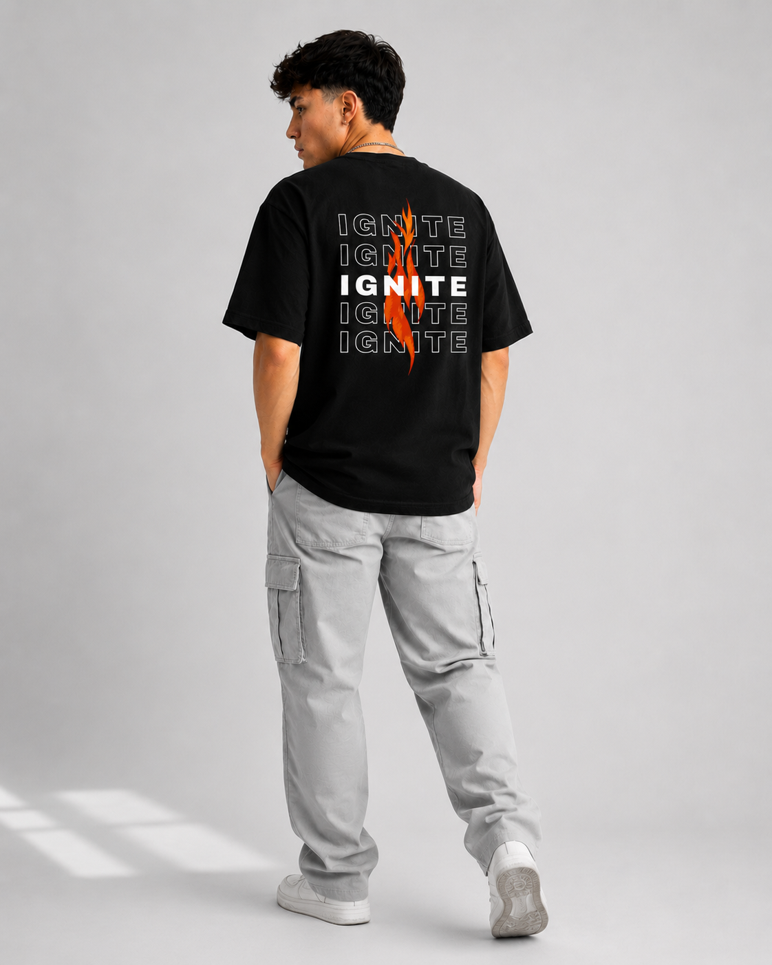 Rarelays Men’s Black IGNITE Graphic Printed Oversized T-Shirt | Back Fire Design Streetwear Cotton Tshirt