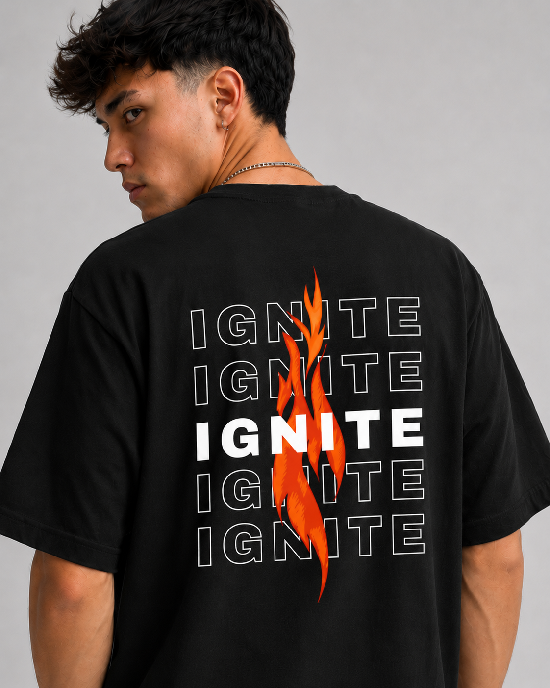 Rarelays Men’s Black IGNITE Graphic Printed Oversized T-Shirt | Back Fire Design Streetwear Cotton Tshirt