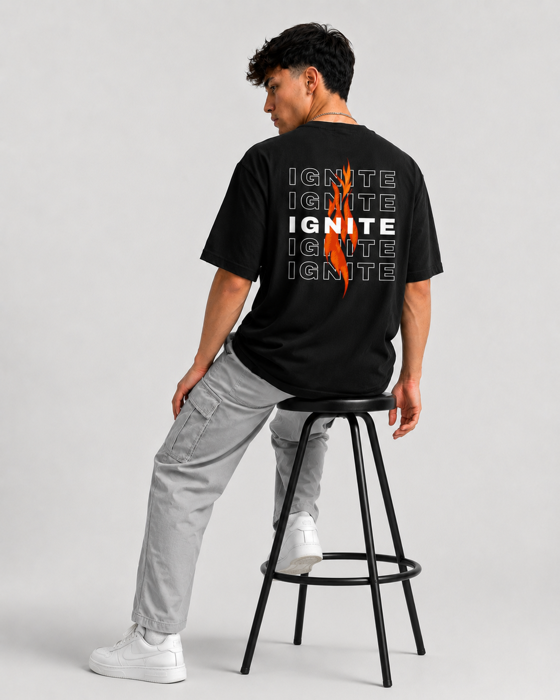 Rarelays Men’s Black IGNITE Graphic Printed Oversized T-Shirt | Back Fire Design Streetwear Cotton Tshirt