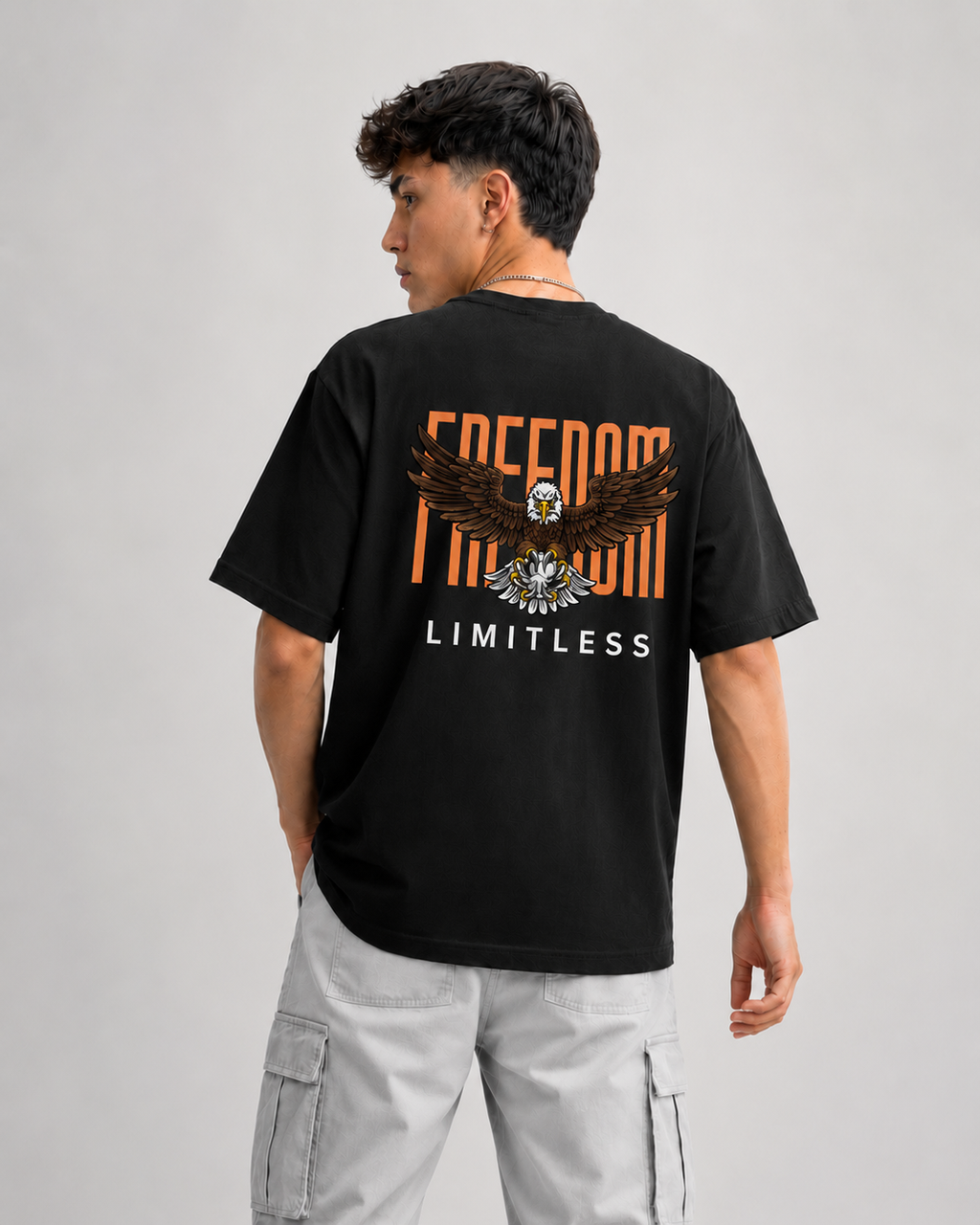 Rarelays Freedom Limitless Eagle Oversized Graphic Printed Black T-Shirt for Men | Premium Street Fashion Cotton Casual Tee