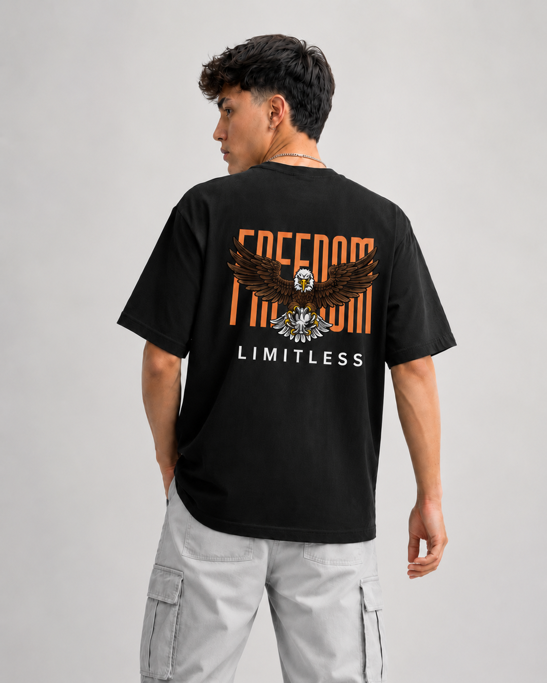 Rarelays Freedom Limitless Eagle Oversized Graphic Printed Black T-Shirt for Men | Premium Street Fashion Cotton Casual Tee