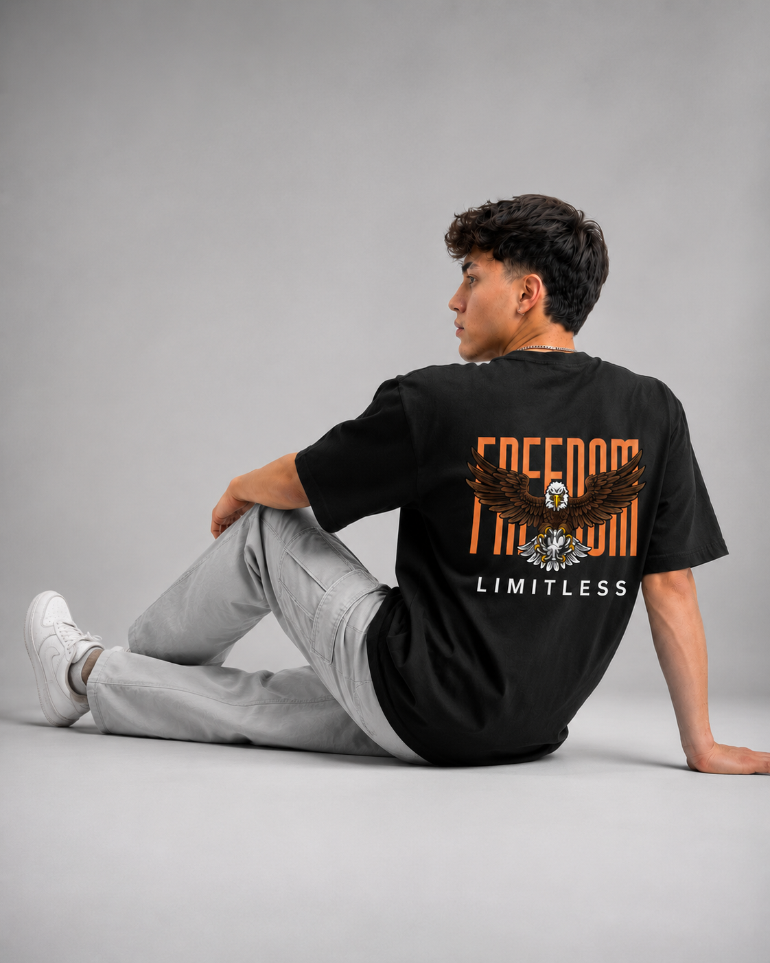 Rarelays Freedom Limitless Eagle Oversized Graphic Printed Black T-Shirt for Men | Premium Street Fashion Cotton Casual Tee