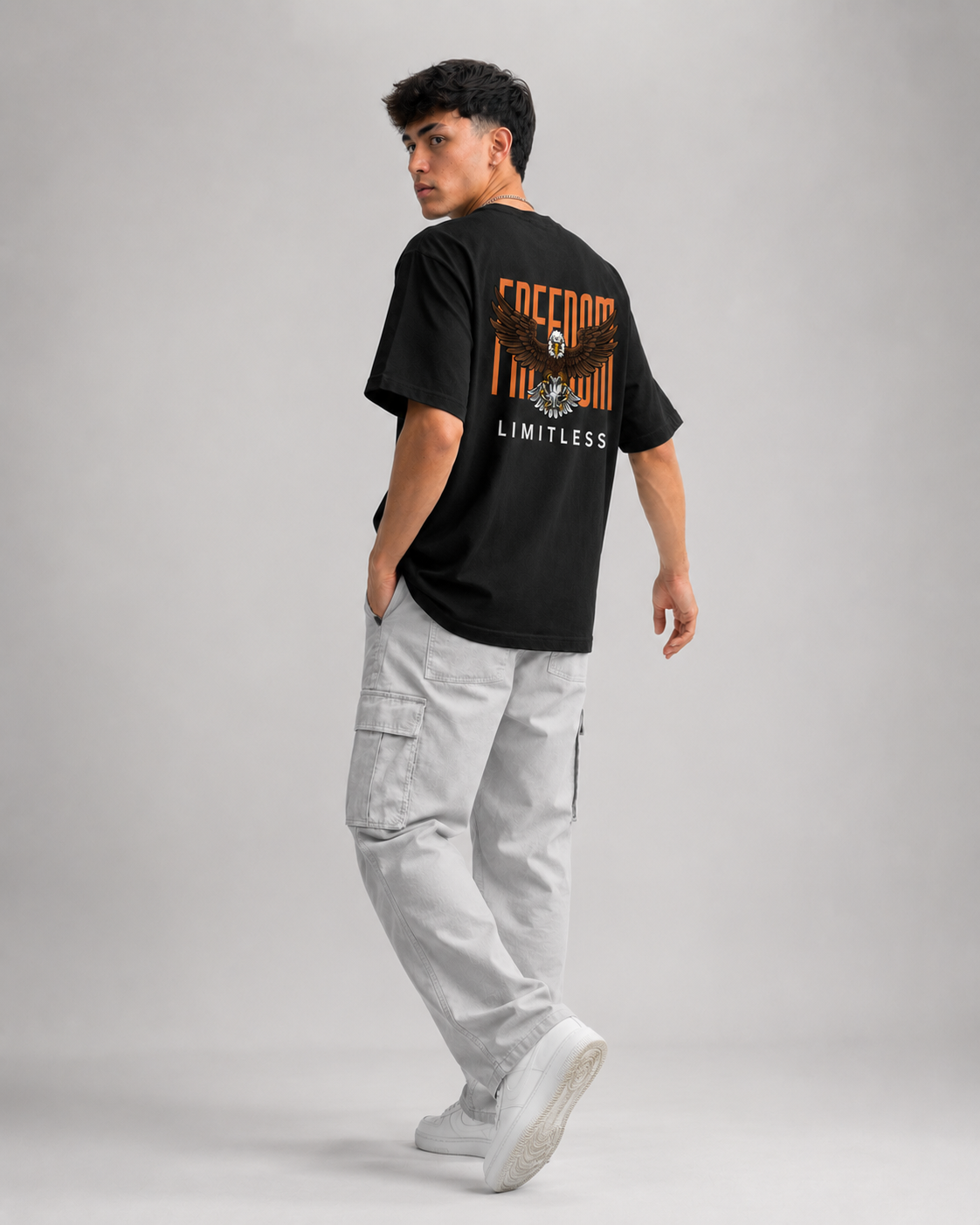 Rarelays Freedom Limitless Eagle Oversized Graphic Printed Black T-Shirt for Men | Premium Street Fashion Cotton Casual Tee