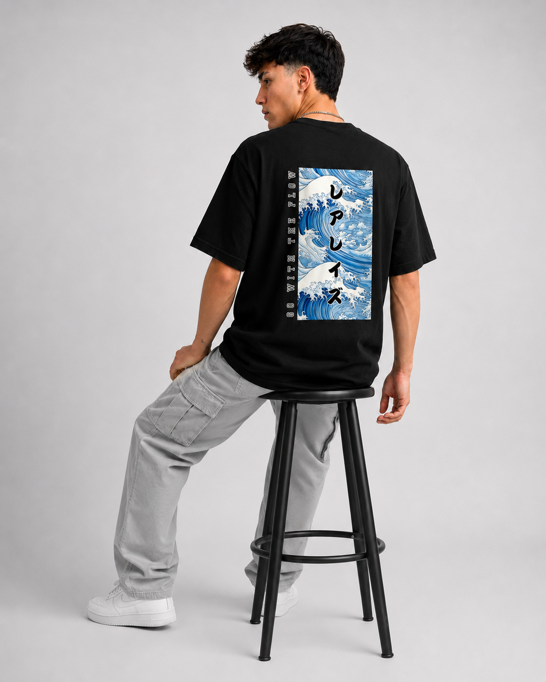 Rarelays Japanese Ocean Wave Oversized Graphic Printed Black T-Shirt for Men | Anime Streetwear Inspired Casual Cotton Tee