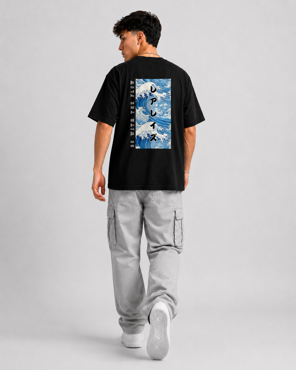 Rarelays Japanese Ocean Wave Oversized Graphic Printed Black T-Shirt for Men | Anime Streetwear Inspired Casual Cotton Tee