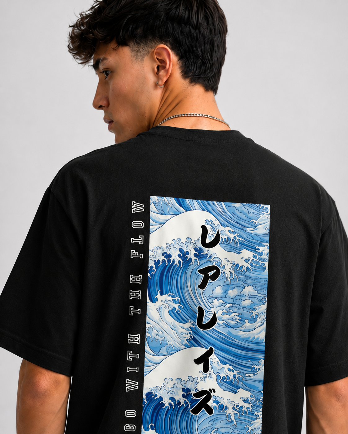 Rarelays Japanese Ocean Wave Oversized Graphic Printed Black T-Shirt for Men | Anime Streetwear Inspired Casual Cotton Tee