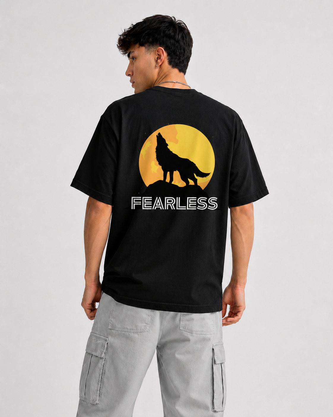 Rarelays Fearless Wolf Moon Oversized Graphic Printed Black T-Shirt for Men | Premium Streetwear Cotton Casual Tee