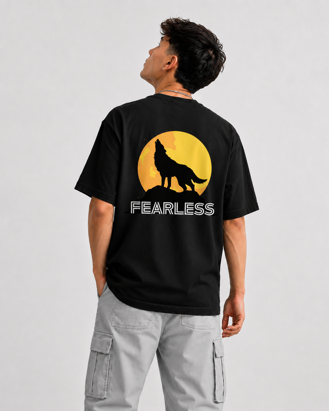 Rarelays Fearless Wolf Moon Oversized Graphic Printed Black T-Shirt for Men | Premium Streetwear Cotton Casual Tee