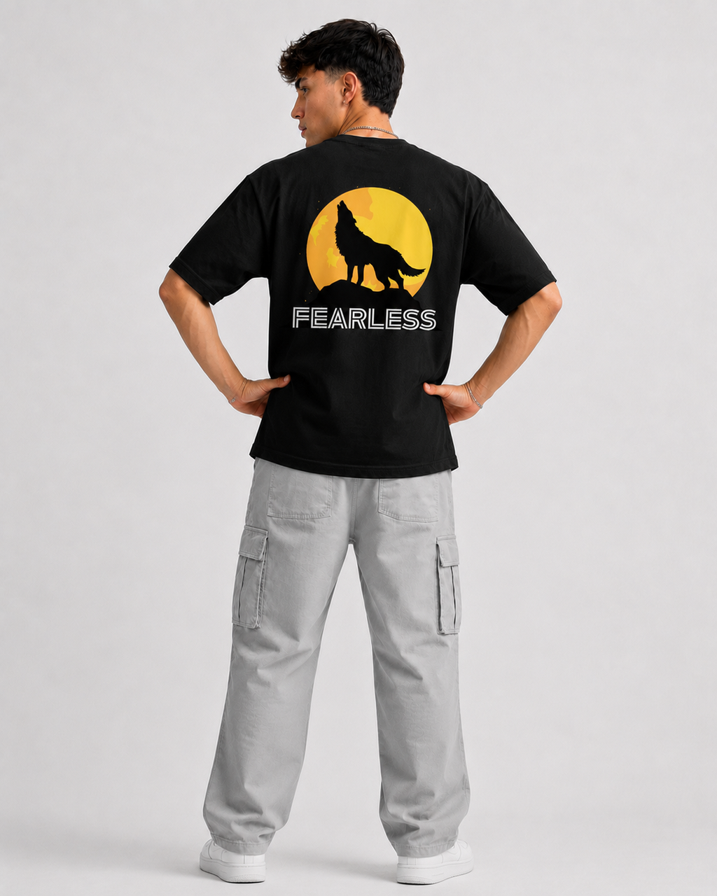 Rarelays Fearless Wolf Moon Oversized Graphic Printed Black T-Shirt for Men | Premium Streetwear Cotton Casual Tee
