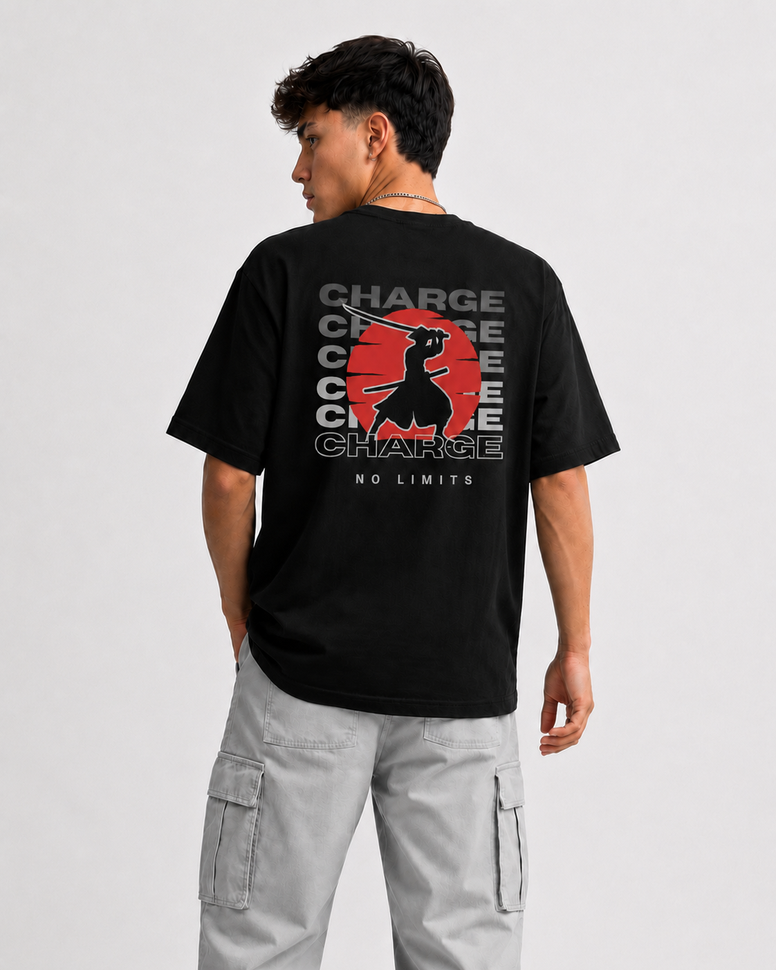 Rarelays No Limits Samurai Warrior Oversized Graphic Printed Black T-Shirt for Men | Japanese Streetwear Cotton Casual Tee