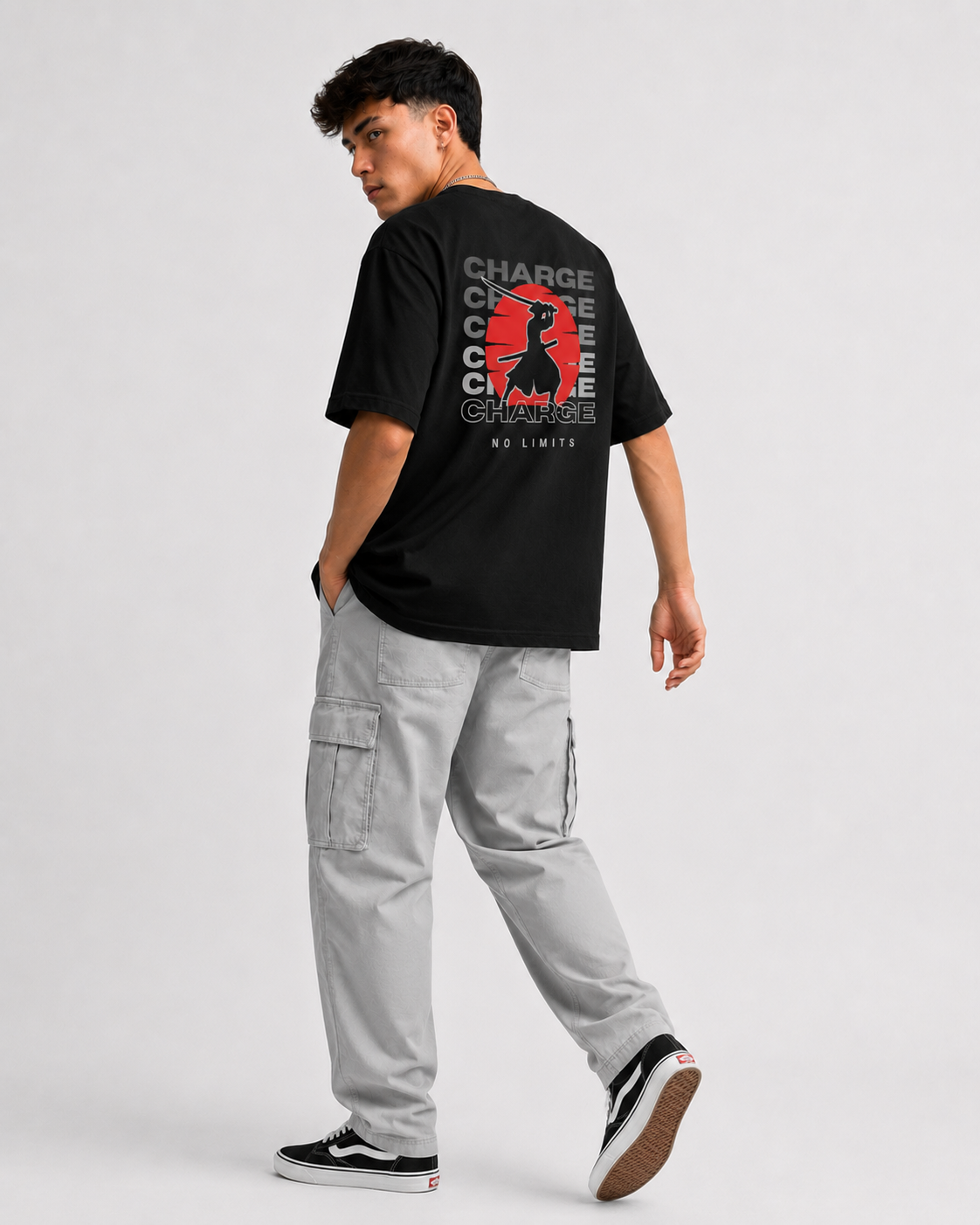 Rarelays No Limits Samurai Warrior Oversized Graphic Printed Black T-Shirt for Men | Japanese Streetwear Cotton Casual Tee
