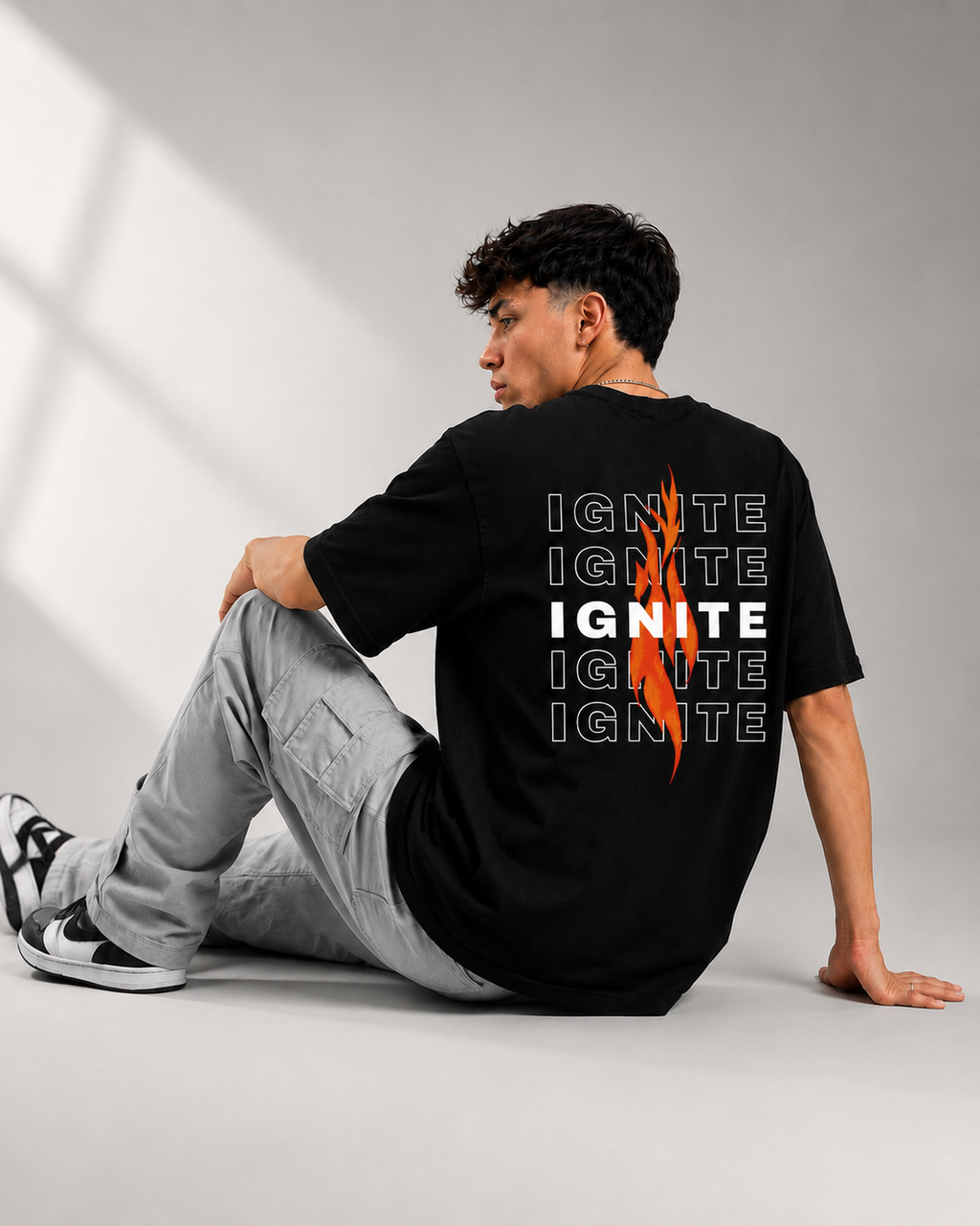 Rarelays Men’s Black IGNITE Graphic Printed Oversized T-Shirt | Back Fire Design Streetwear Cotton Tshirt