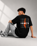 Rarelays Men’s Black IGNITE Graphic Printed Oversized T-Shirt | Back Fire Design Streetwear Cotton Tshirt