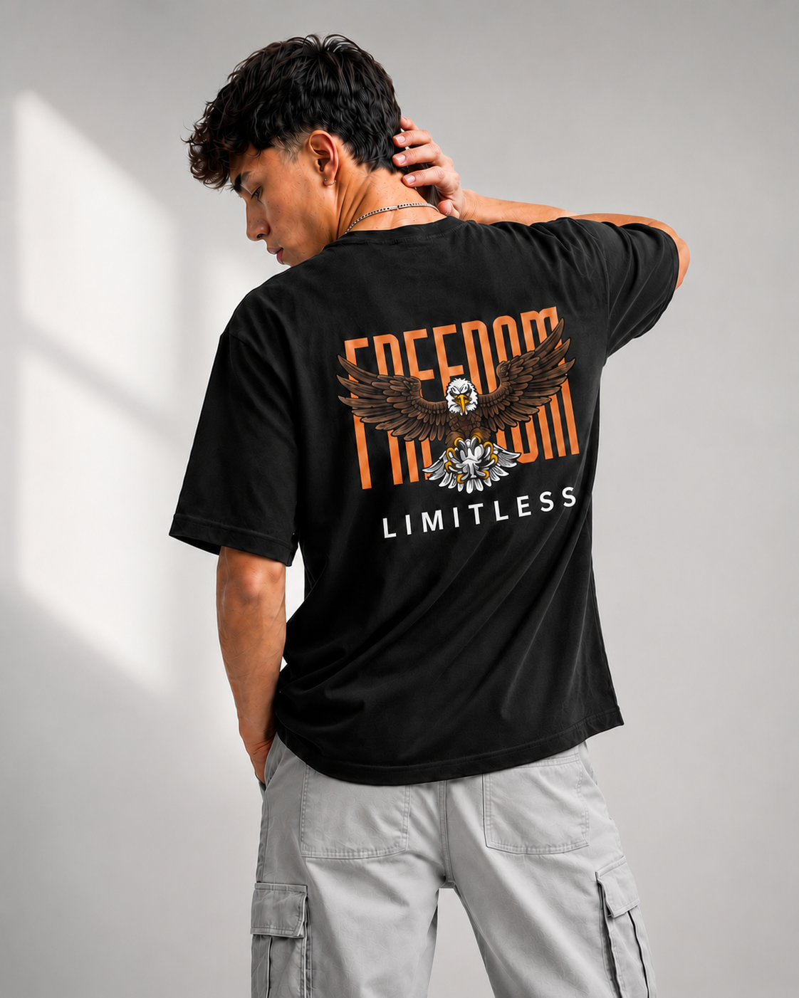 Rarelays Freedom Limitless Eagle Oversized Graphic Printed Black T-Shirt for Men | Premium Street Fashion Cotton Casual Tee