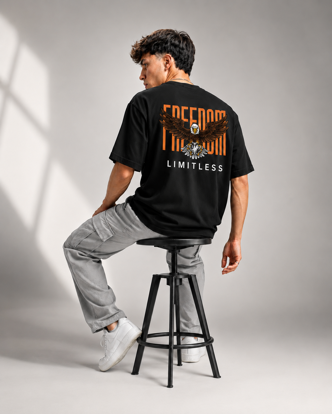 Rarelays Freedom Limitless Eagle Oversized Graphic Printed Black T-Shirt for Men | Premium Street Fashion Cotton Casual Tee
