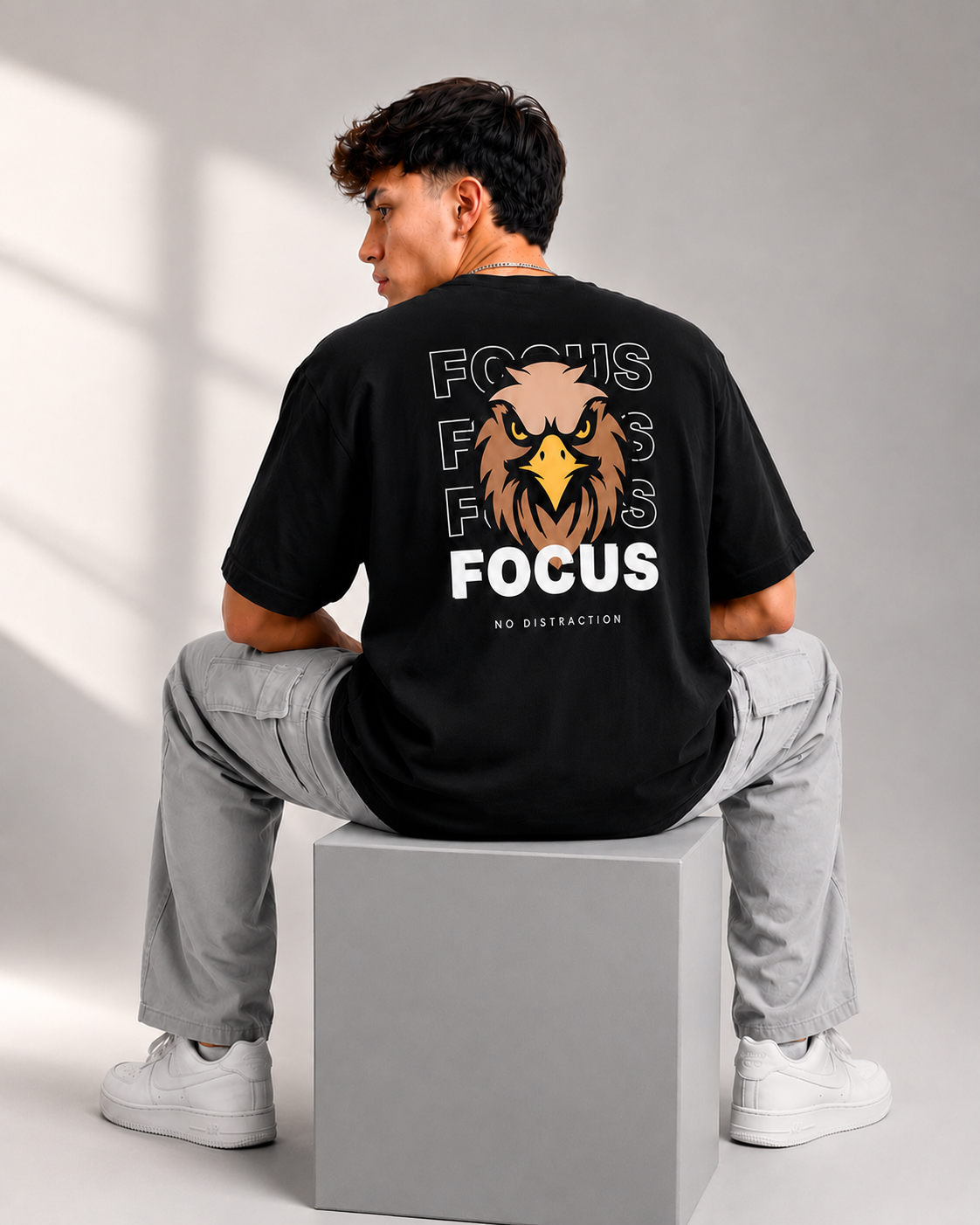 Rarelays Focus Printed Black T-Shirt for Men | Motivational Graphic Back Print | Cotton Oversized Streetwear Tee