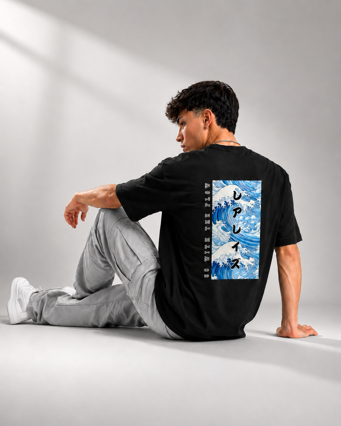 Rarelays Japanese Ocean Wave Oversized Graphic Printed Black T-Shirt for Men | Anime Streetwear Inspired Casual Cotton Tee