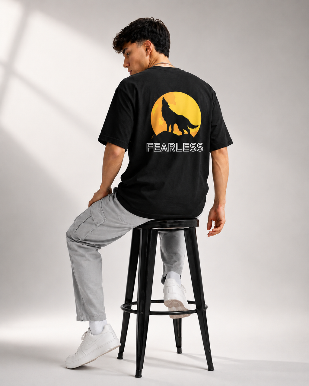 Rarelays Fearless Wolf Moon Oversized Graphic Printed Black T-Shirt for Men | Premium Streetwear Cotton Casual Tee