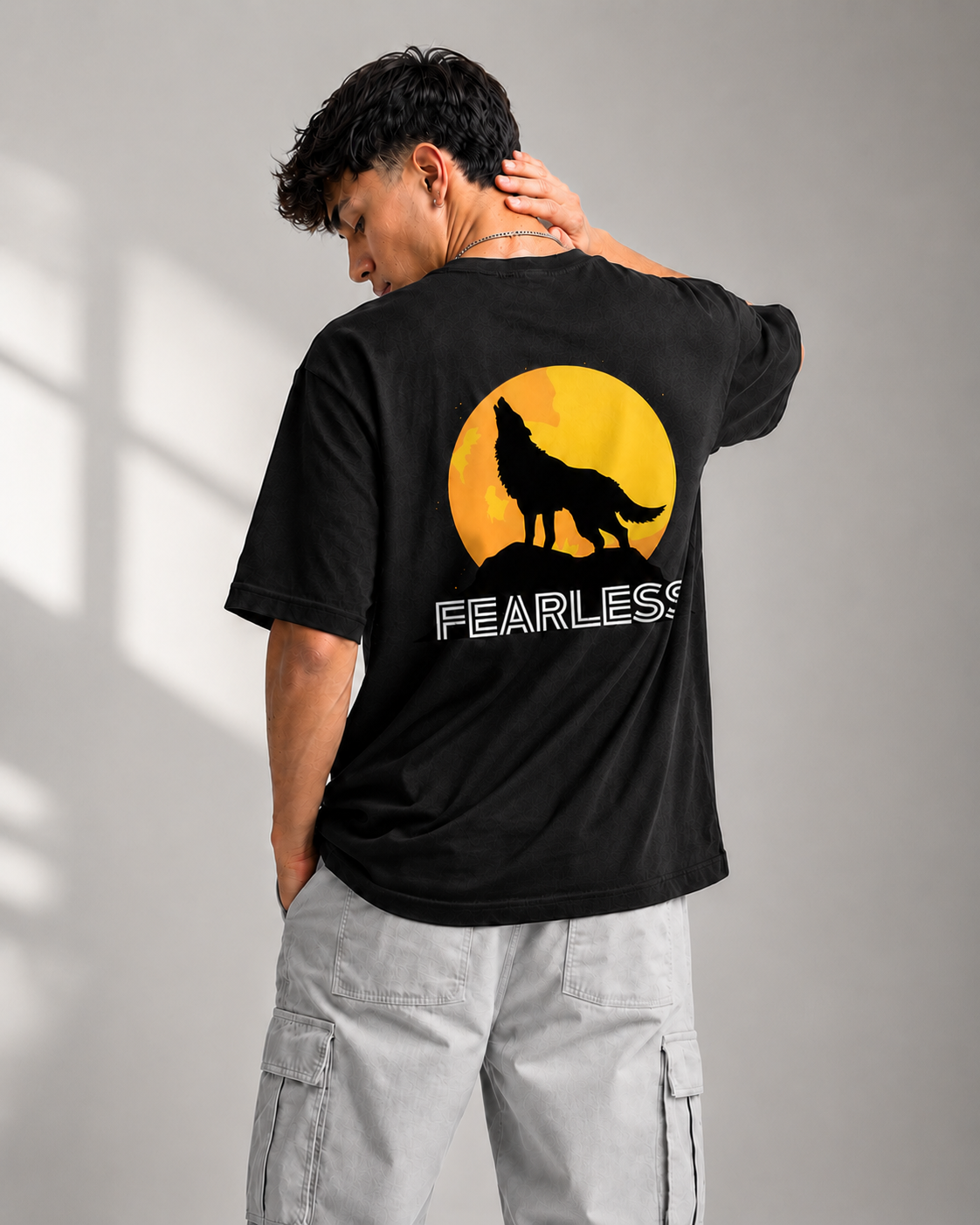 Rarelays Fearless Wolf Moon Oversized Graphic Printed Black T-Shirt for Men | Premium Streetwear Cotton Casual Tee