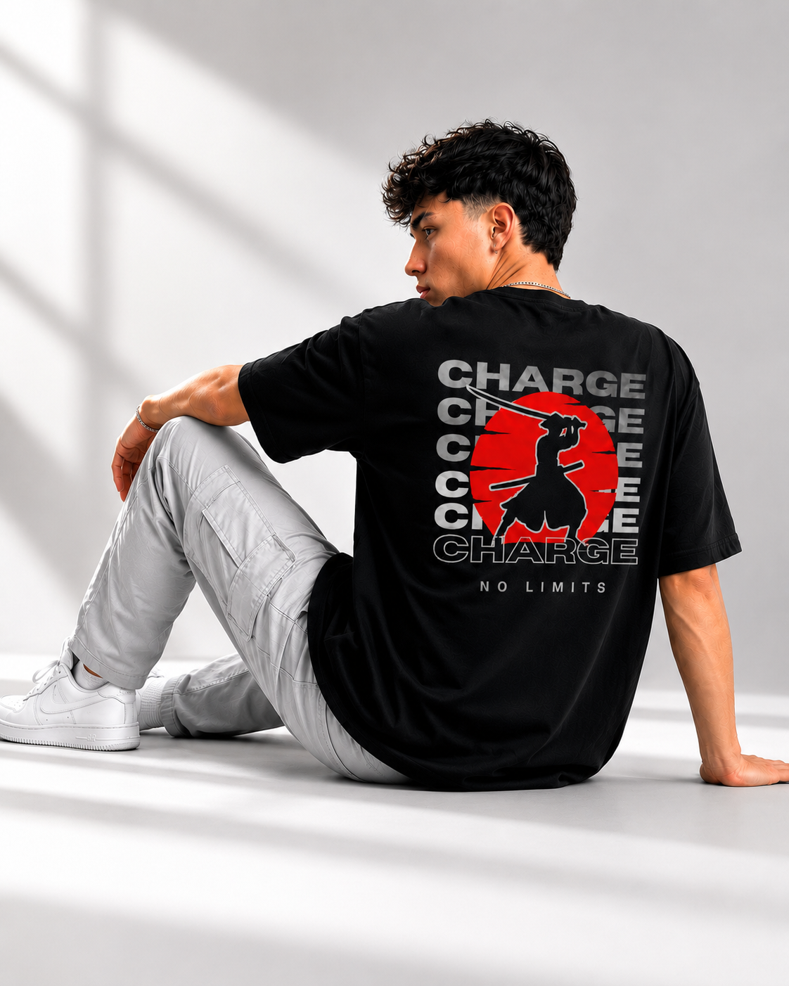 Rarelays No Limits Samurai Warrior Oversized Graphic Printed Black T-Shirt for Men | Japanese Streetwear Cotton Casual Tee