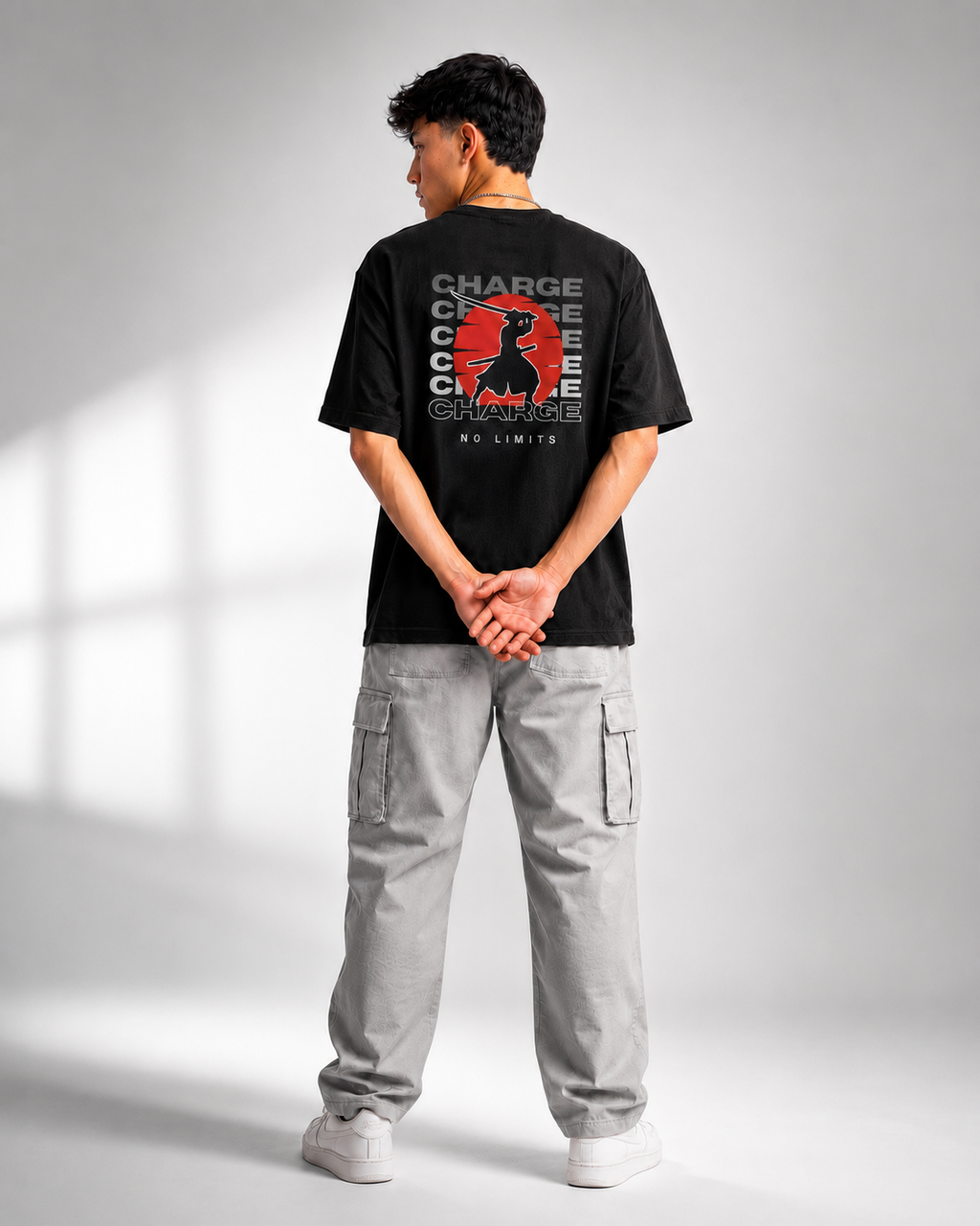 Rarelays No Limits Samurai Warrior Oversized Graphic Printed Black T-Shirt for Men | Japanese Streetwear Cotton Casual Tee