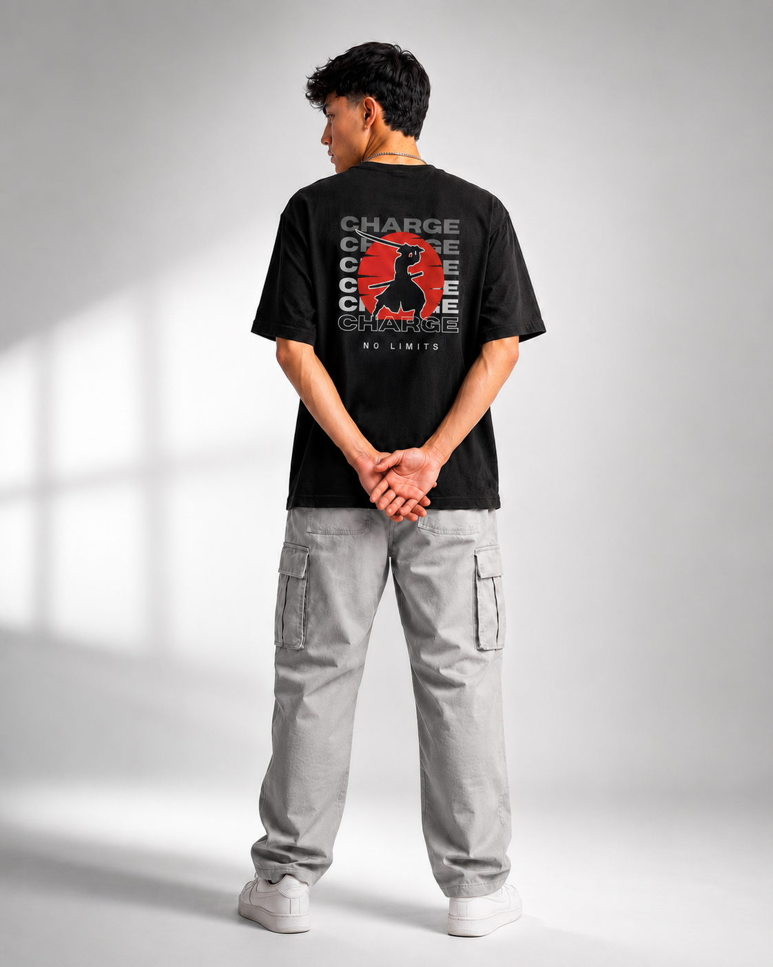 Rarelays No Limits Samurai Warrior Oversized Graphic Printed Black T-Shirt for Men | Japanese Streetwear Cotton Casual Tee