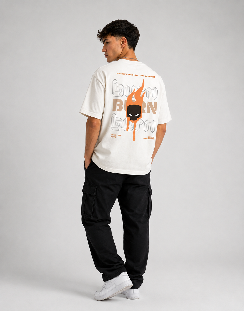 RARELAYS Burn Graphic Oversized Off-white T-Shirt for Men | Fearless Spirit Premium Cotton Back Print Streetwear Tee