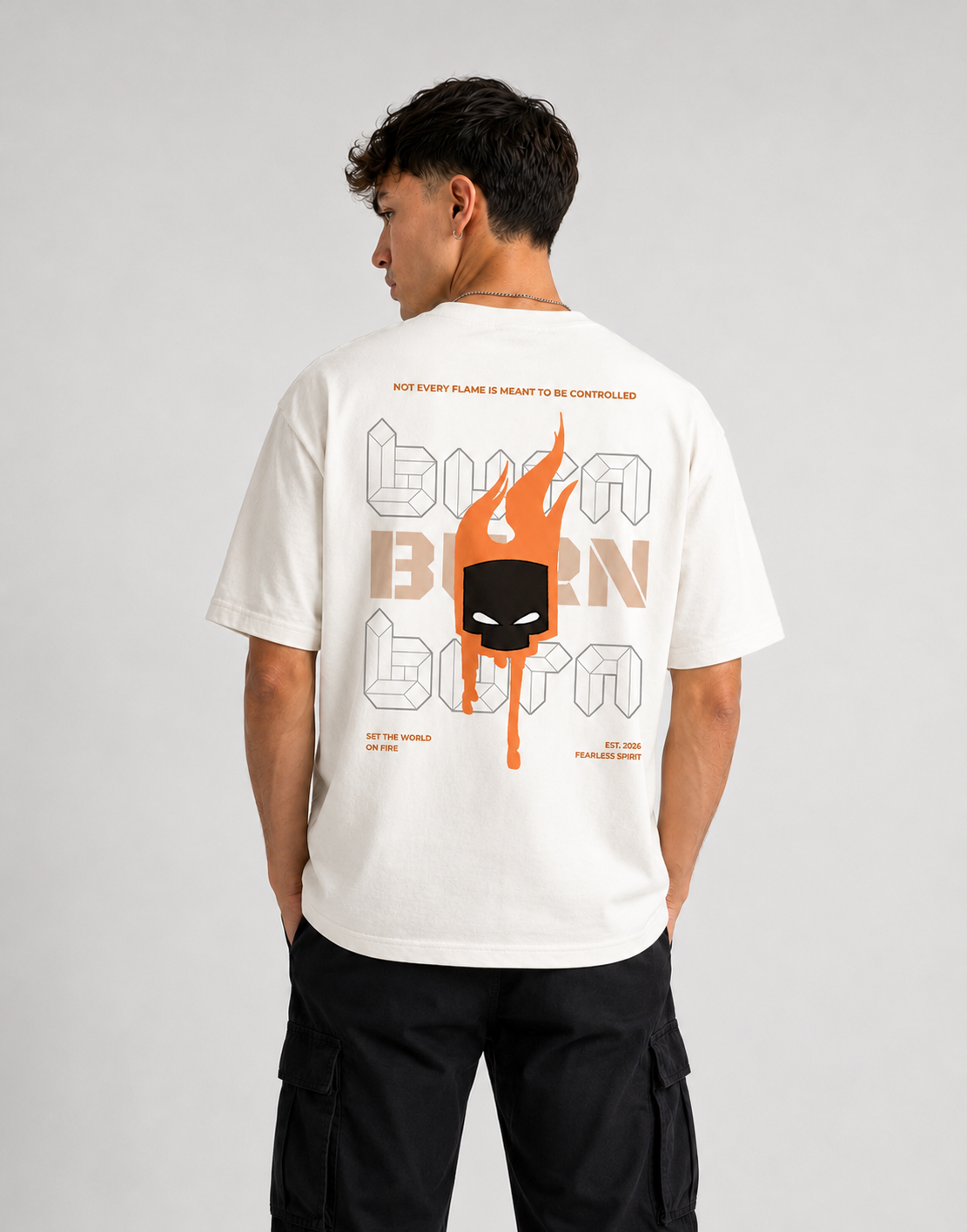 RARELAYS Burn Graphic Oversized Off-white T-Shirt for Men | Fearless Spirit Premium Cotton Back Print Streetwear Tee