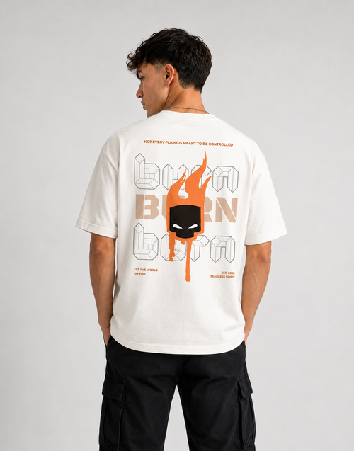 RARELAYS Burn Graphic Oversized Off-white T-Shirt for Men | Fearless Spirit Premium Cotton Back Print Streetwear Tee