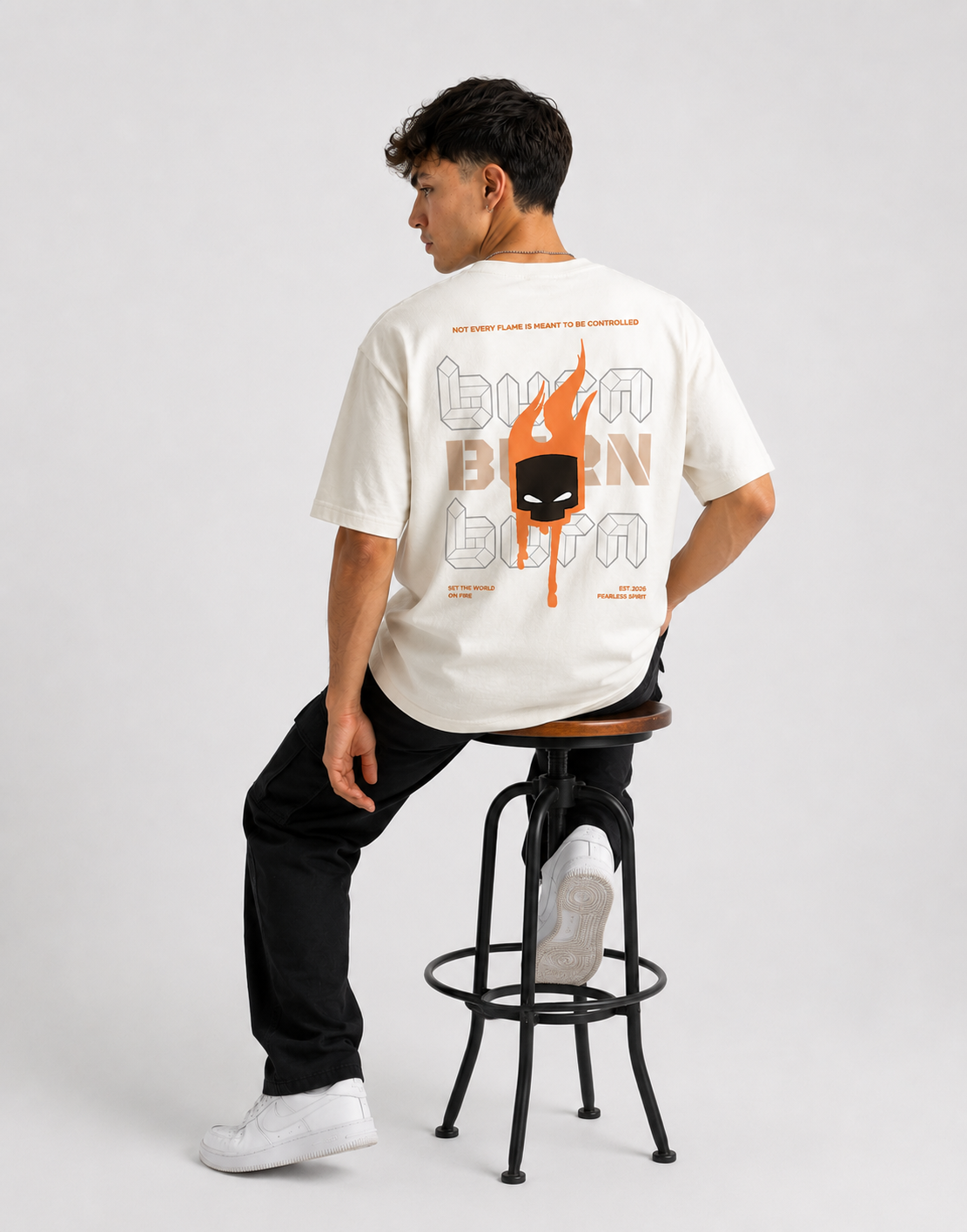 RARELAYS Burn Graphic Oversized Off-white T-Shirt for Men | Fearless Spirit Premium Cotton Back Print Streetwear Tee