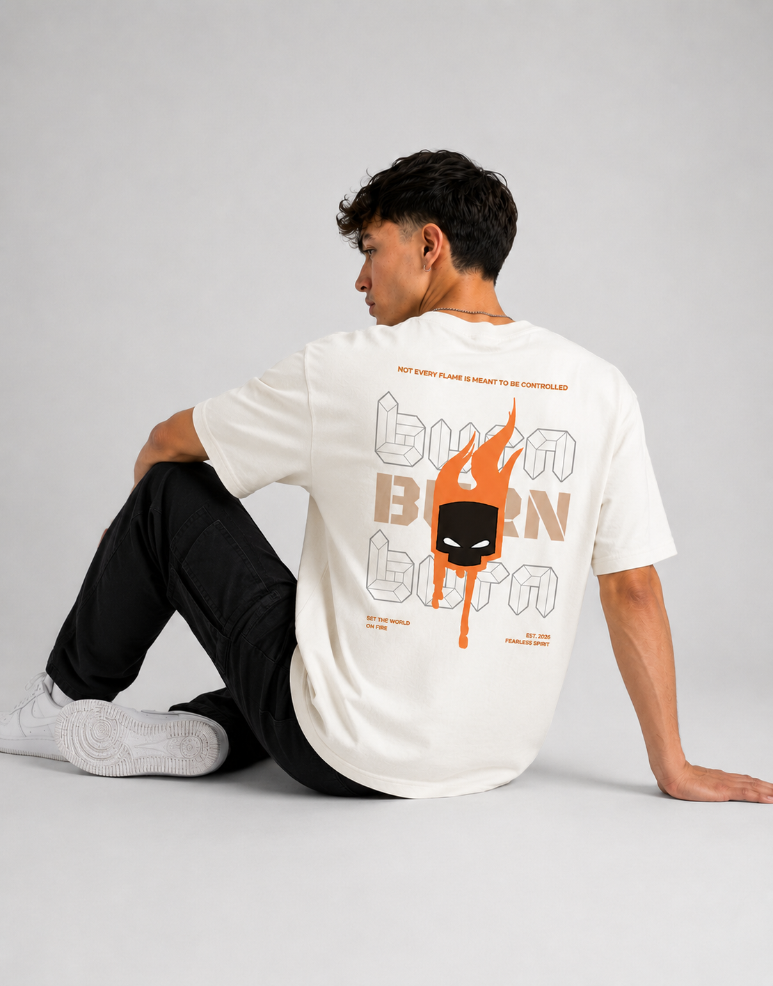 RARELAYS Burn Graphic Oversized Off-white T-Shirt for Men | Fearless Spirit Premium Cotton Back Print Streetwear Tee