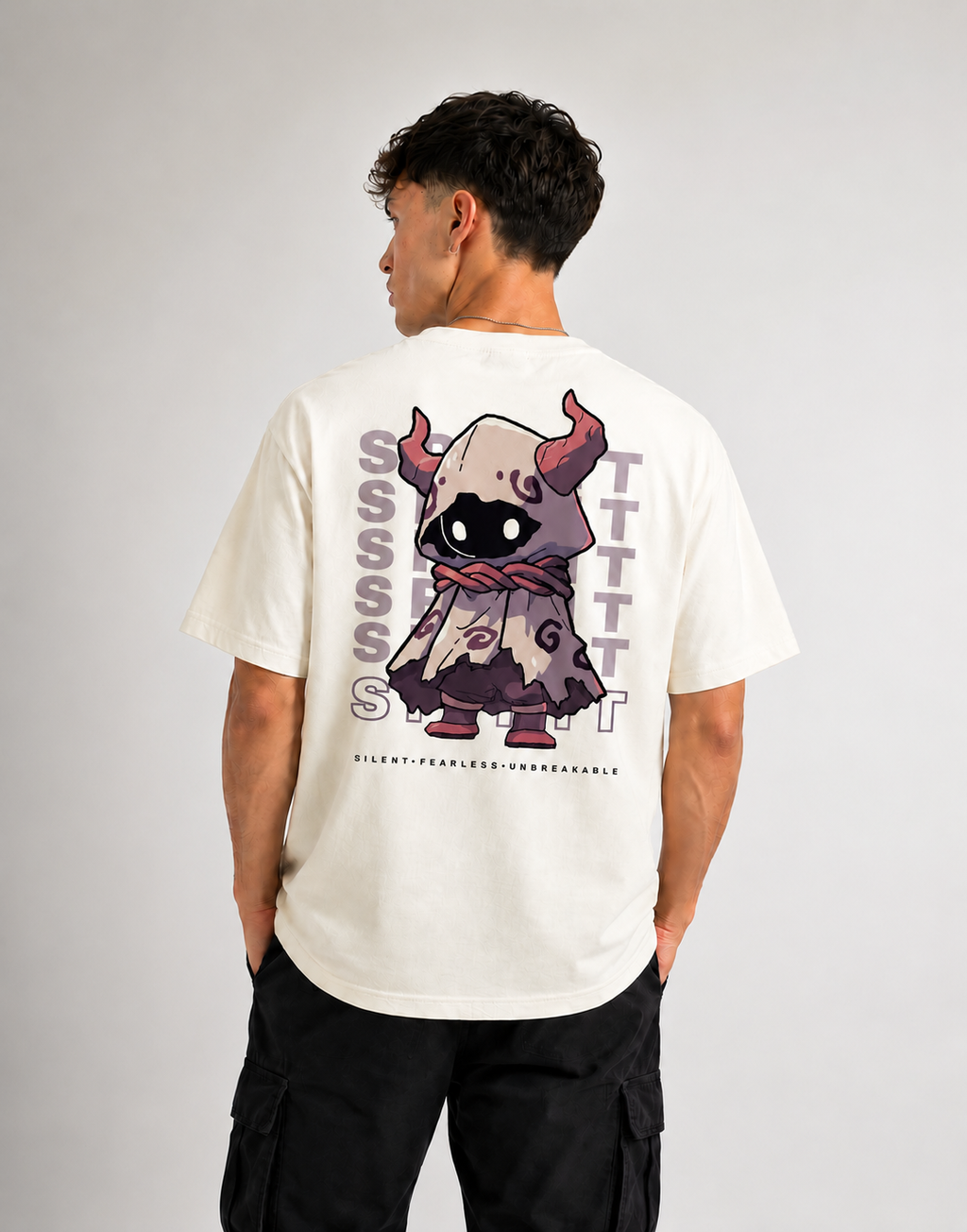 RARELAYS Spirit Guardian Graphic Oversized Off-white T-Shirt for Men | Premium Cotton Back Print Streetwear Tee | Fearless Urban Fashion