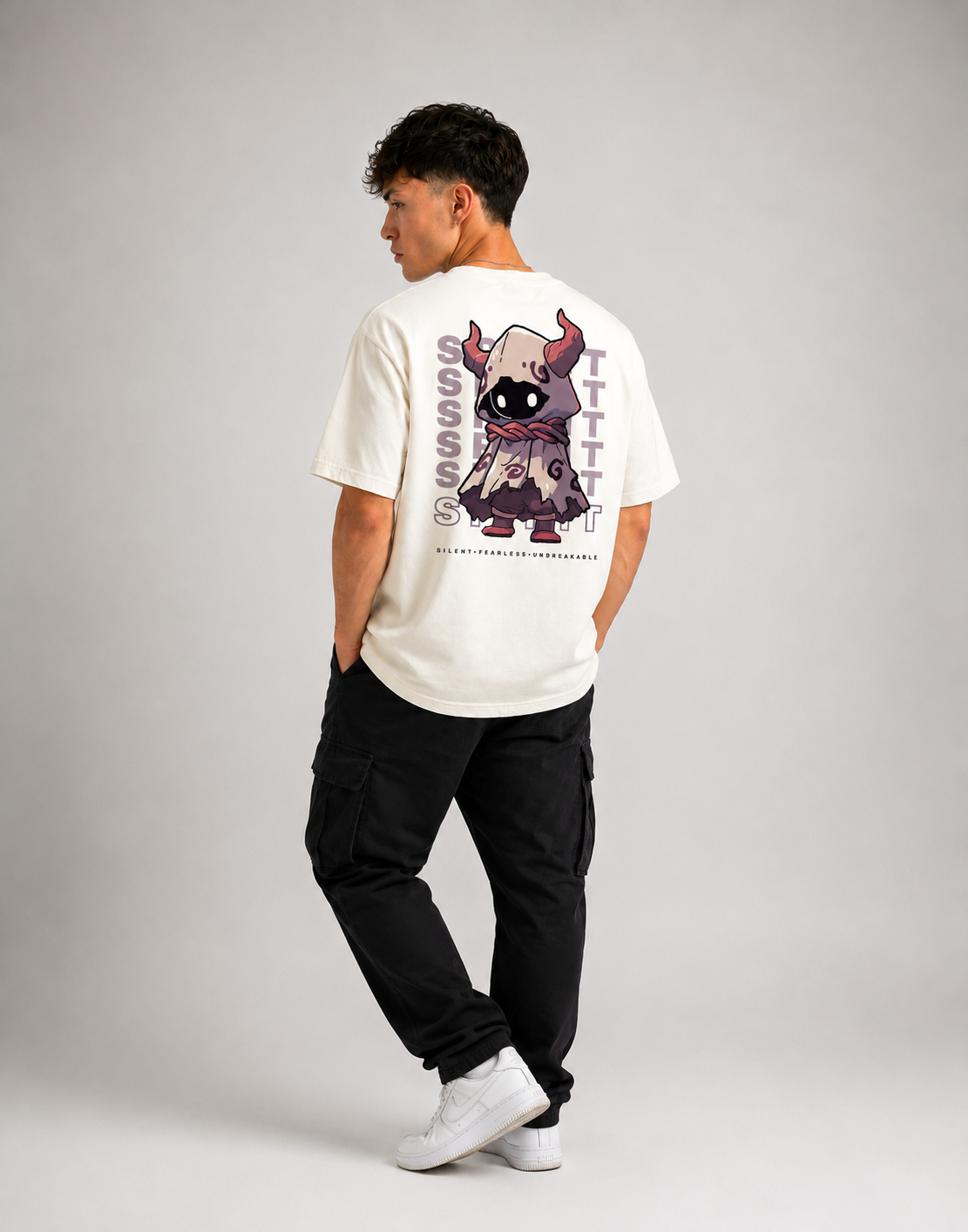 RARELAYS Spirit Guardian Graphic Oversized Off-white T-Shirt for Men | Premium Cotton Back Print Streetwear Tee | Fearless Urban Fashion