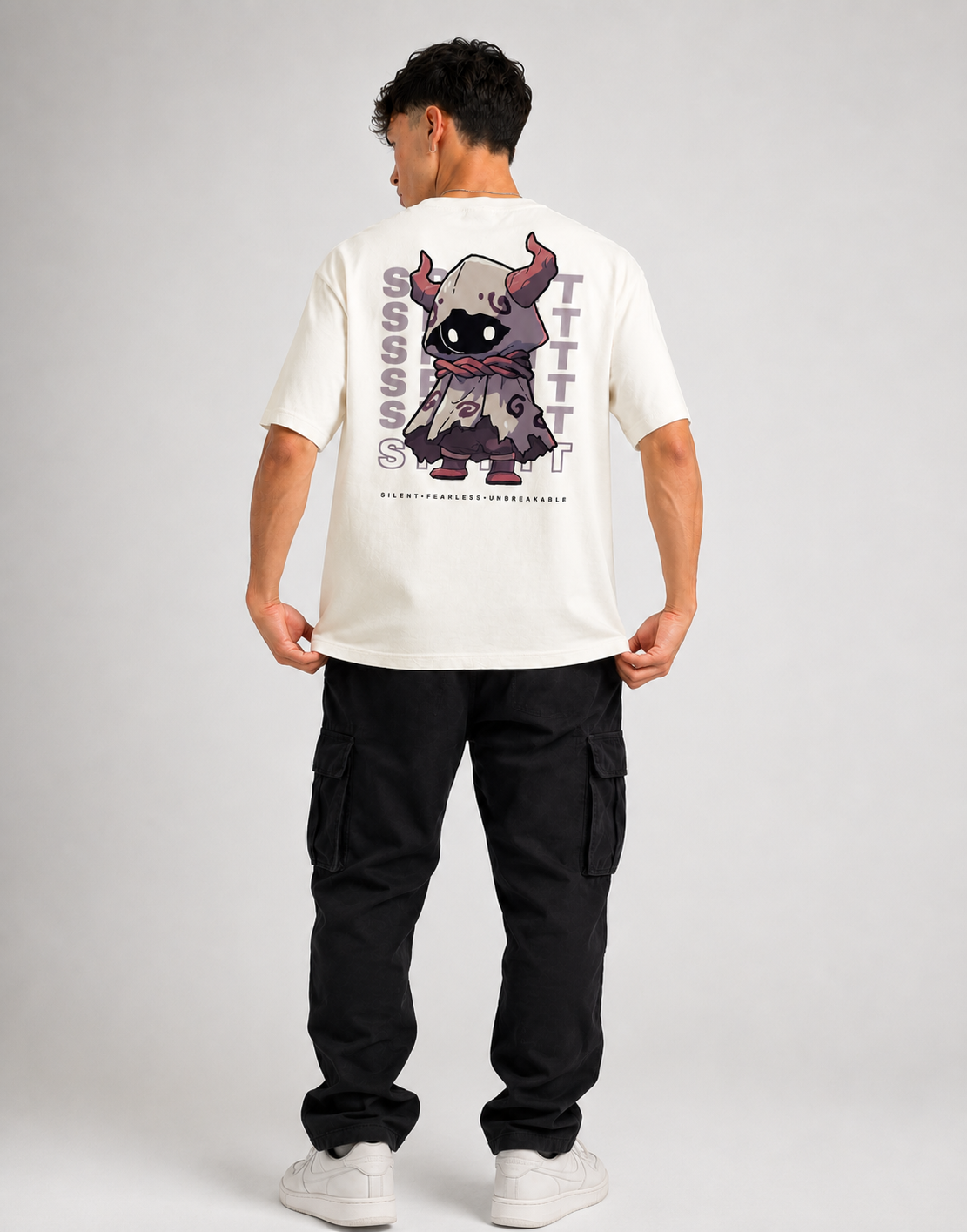 RARELAYS Spirit Guardian Graphic Oversized Off-white T-Shirt for Men | Premium Cotton Back Print Streetwear Tee | Fearless Urban Fashion