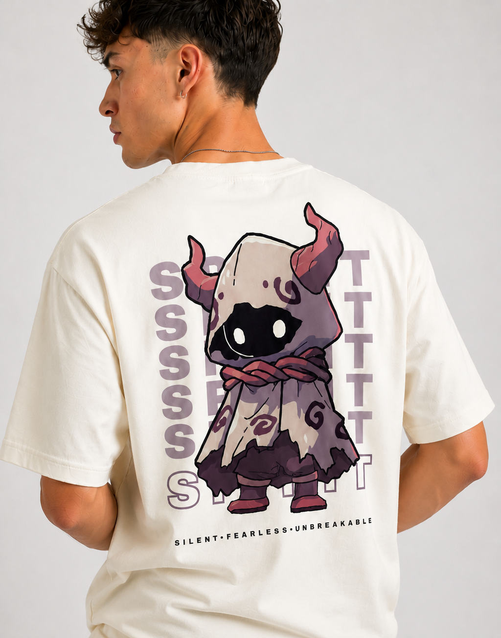 RARELAYS Spirit Guardian Graphic Oversized Off-white T-Shirt for Men | Premium Cotton Back Print Streetwear Tee | Fearless Urban Fashion