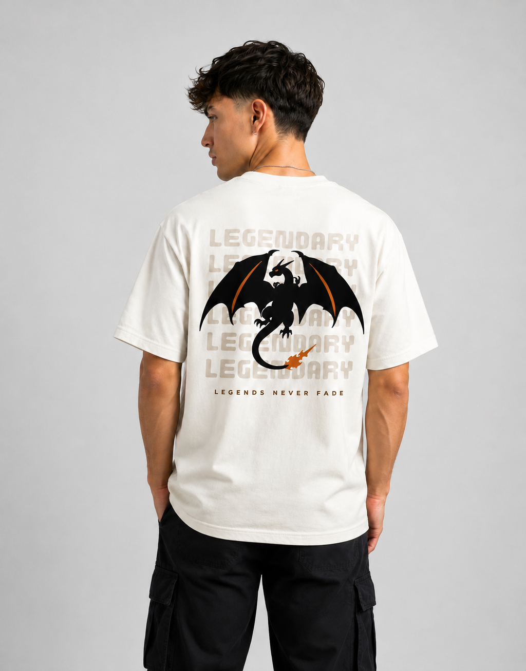 RARELAYS Legendary Dragon Oversized Off-white T-Shirt for Men | Premium Cotton Graphic Back Print Streetwear Tee | Urban Casual Fashion
