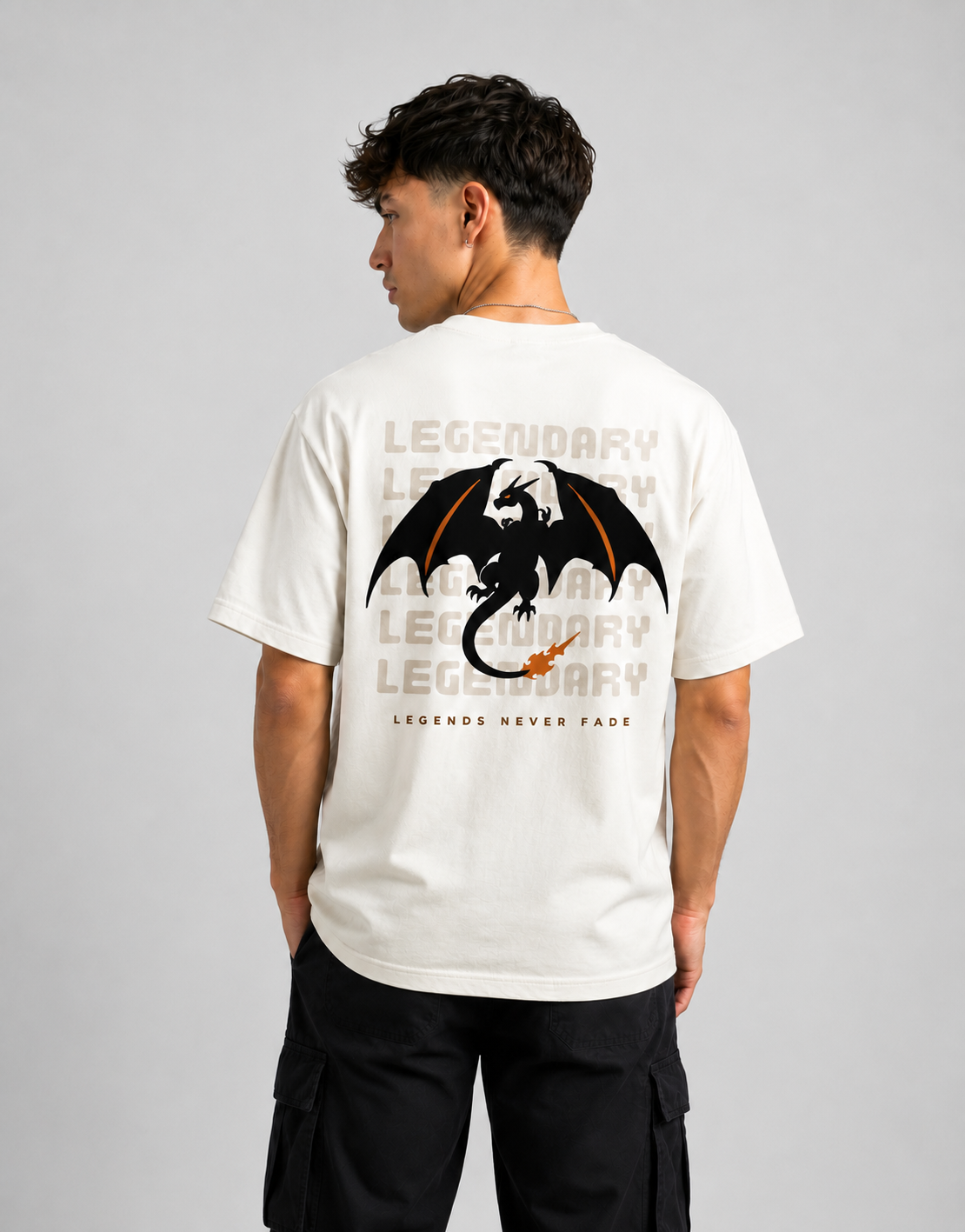 RARELAYS Legendary Dragon Oversized Off-white T-Shirt for Men | Premium Cotton Graphic Back Print Streetwear Tee | Urban Casual Fashion
