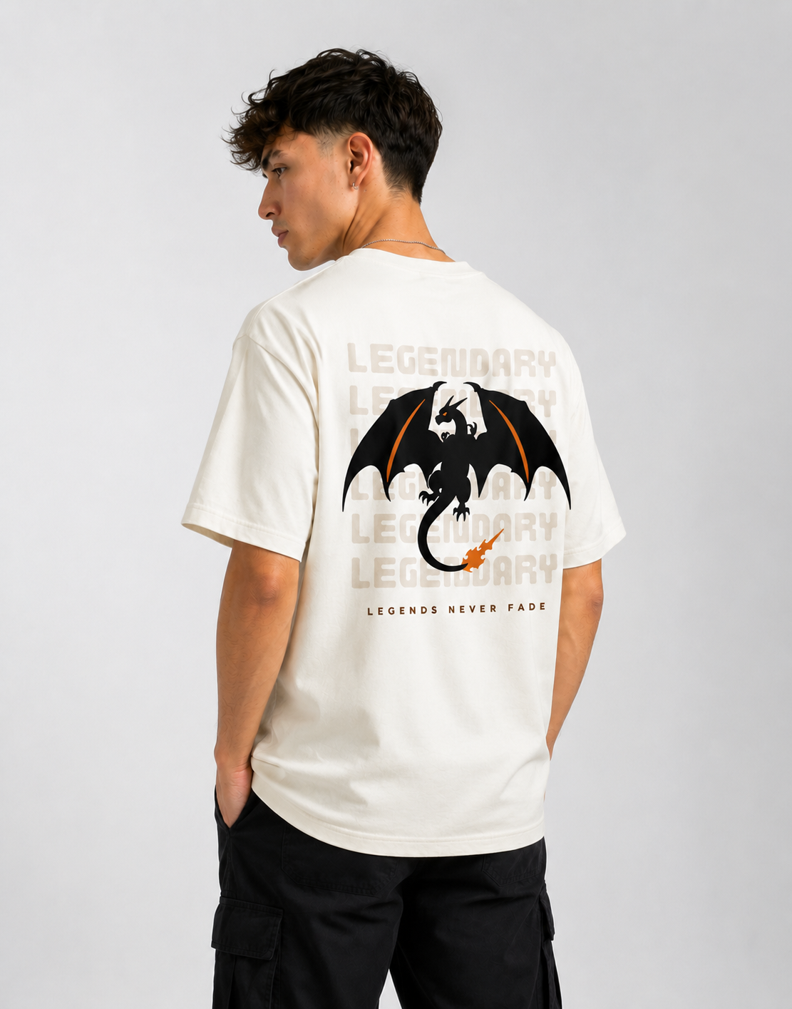 RARELAYS Legendary Dragon Oversized Off-white T-Shirt for Men | Premium Cotton Graphic Back Print Streetwear Tee | Urban Casual Fashion