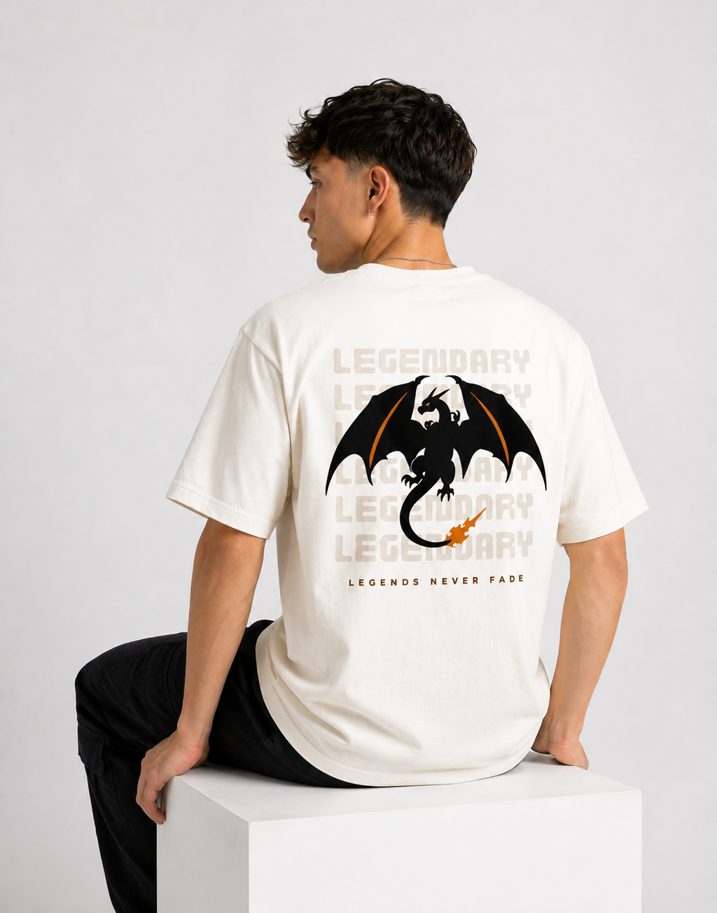 RARELAYS Legendary Dragon Oversized Off-white T-Shirt for Men | Premium Cotton Graphic Back Print Streetwear Tee | Urban Casual Fashion