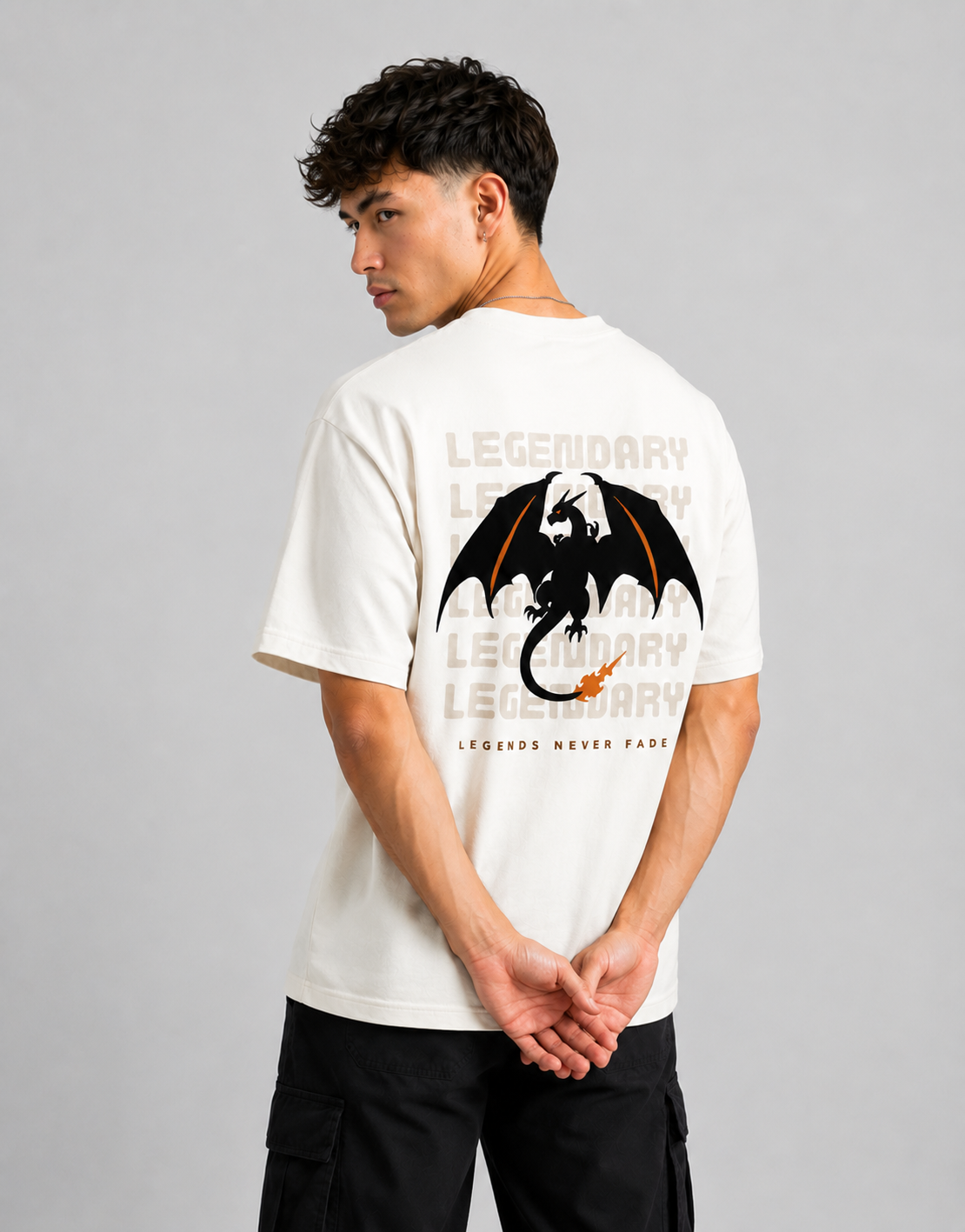 RARELAYS Legendary Dragon Oversized Off-white T-Shirt for Men | Premium Cotton Graphic Back Print Streetwear Tee | Urban Casual Fashion