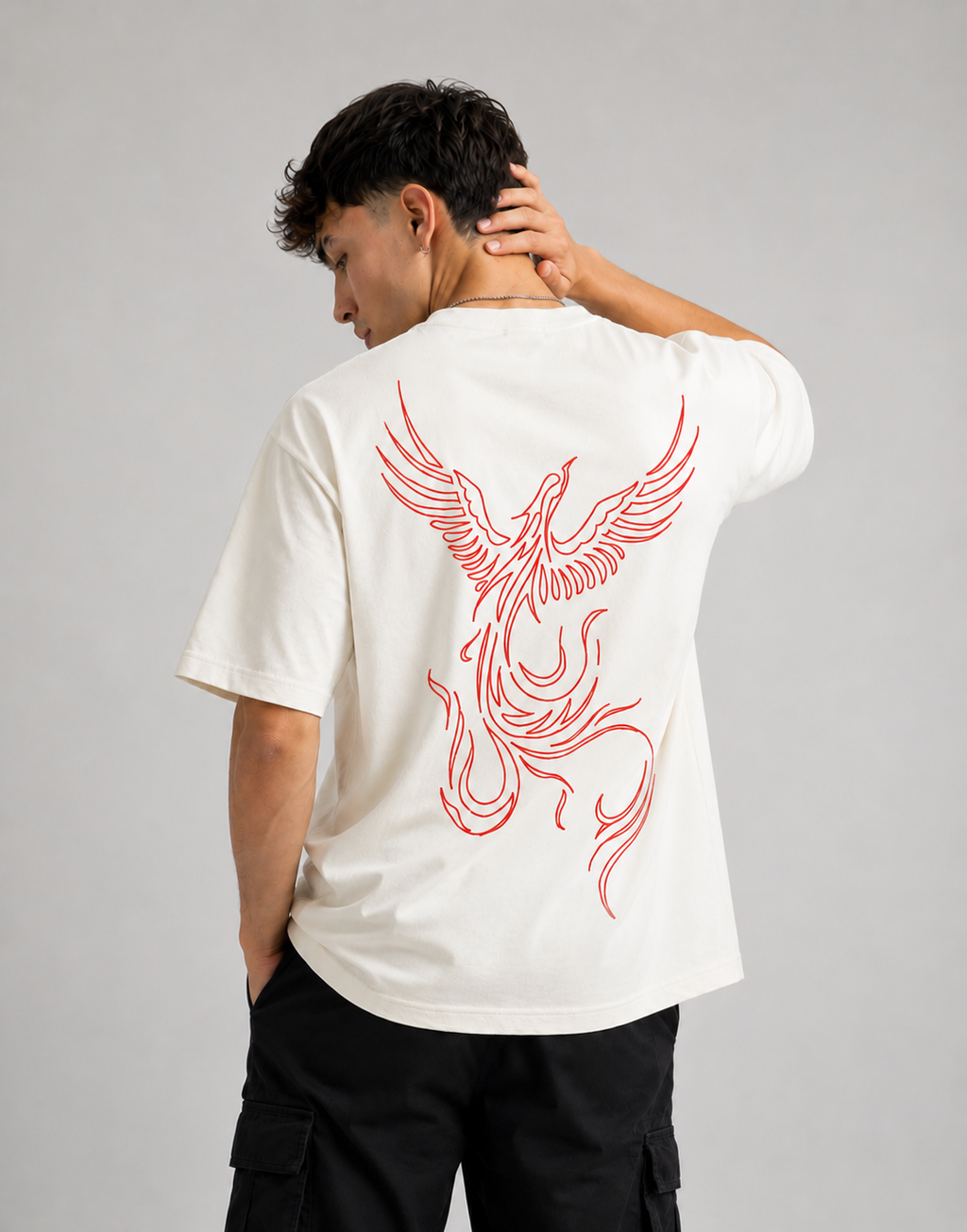 RARELAYS Phoenix Line Art Oversized Off-white T-Shirt for Men | Minimal Graphic Back Print Premium Cotton Streetwear Tee